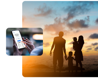 photos of hands holding mobile phone and family on vacation in sunset