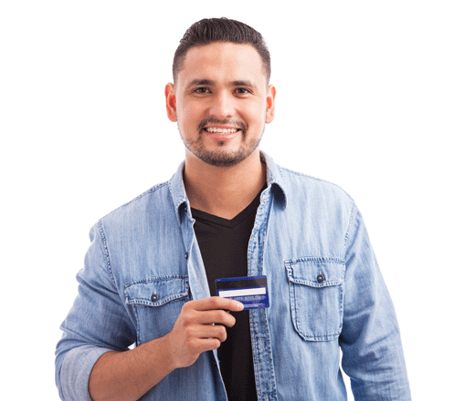 Man smiling holding card